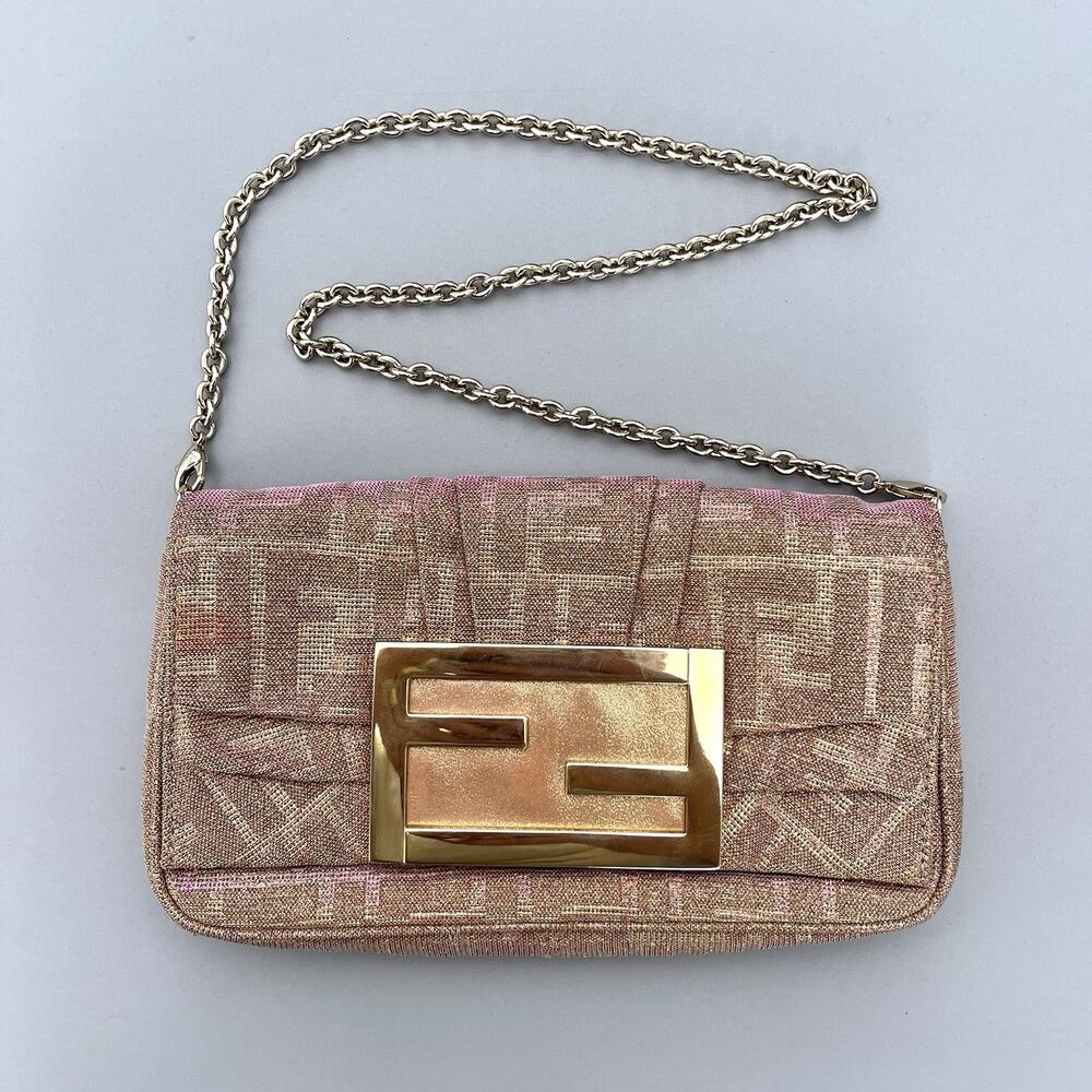 Fendi iridescent Rose Gold Clutch With Chain Metallic Shimmer Bag